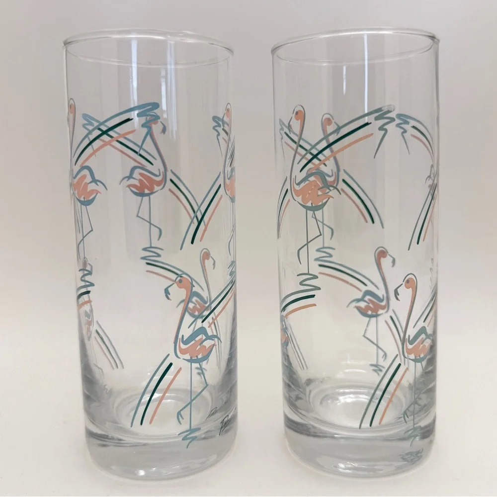 Vintage MCM 1960s Panache Flamingo Tumbler Highball Bar Glasses Set of 2